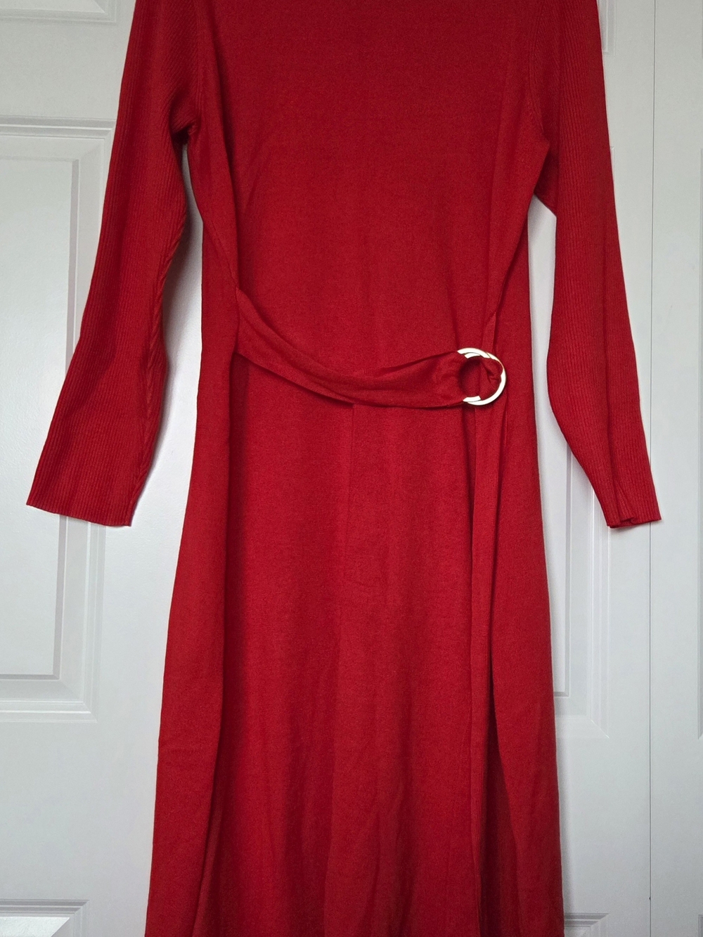 Red Long Sleeve Knit Belted Dress